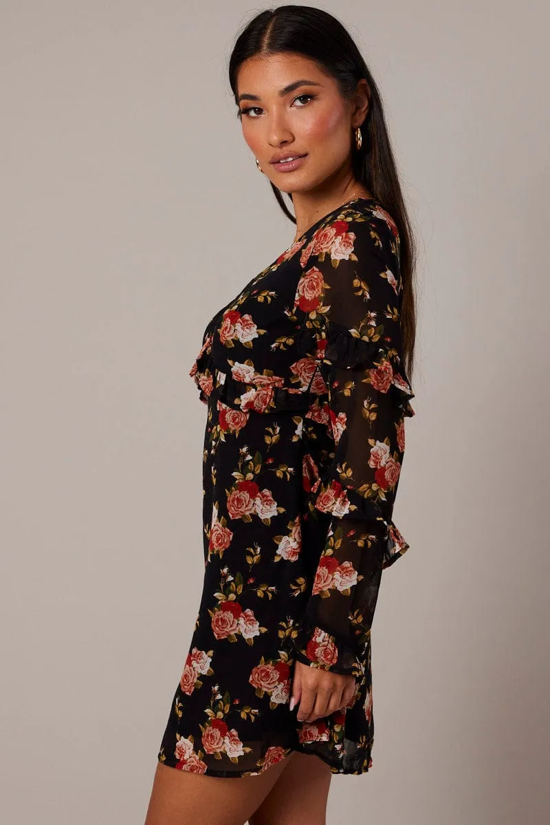 Breathable Style Black Floral Smock Dress Ruffle Sleeve Dress