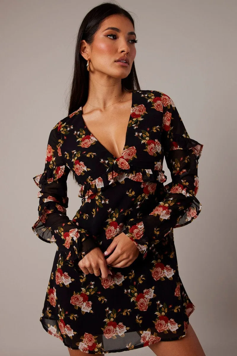 Jump Core Black Floral Smock Dress Ruffle Sleeve Dress