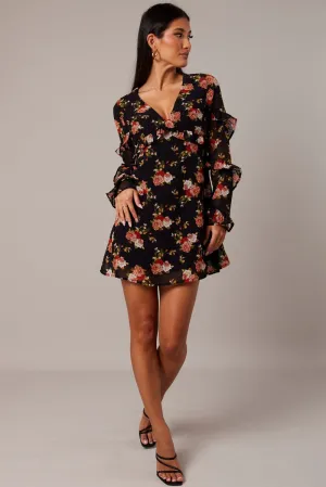 SeamlessPockets Black Floral Smock Dress Ruffle Sleeve Dress
