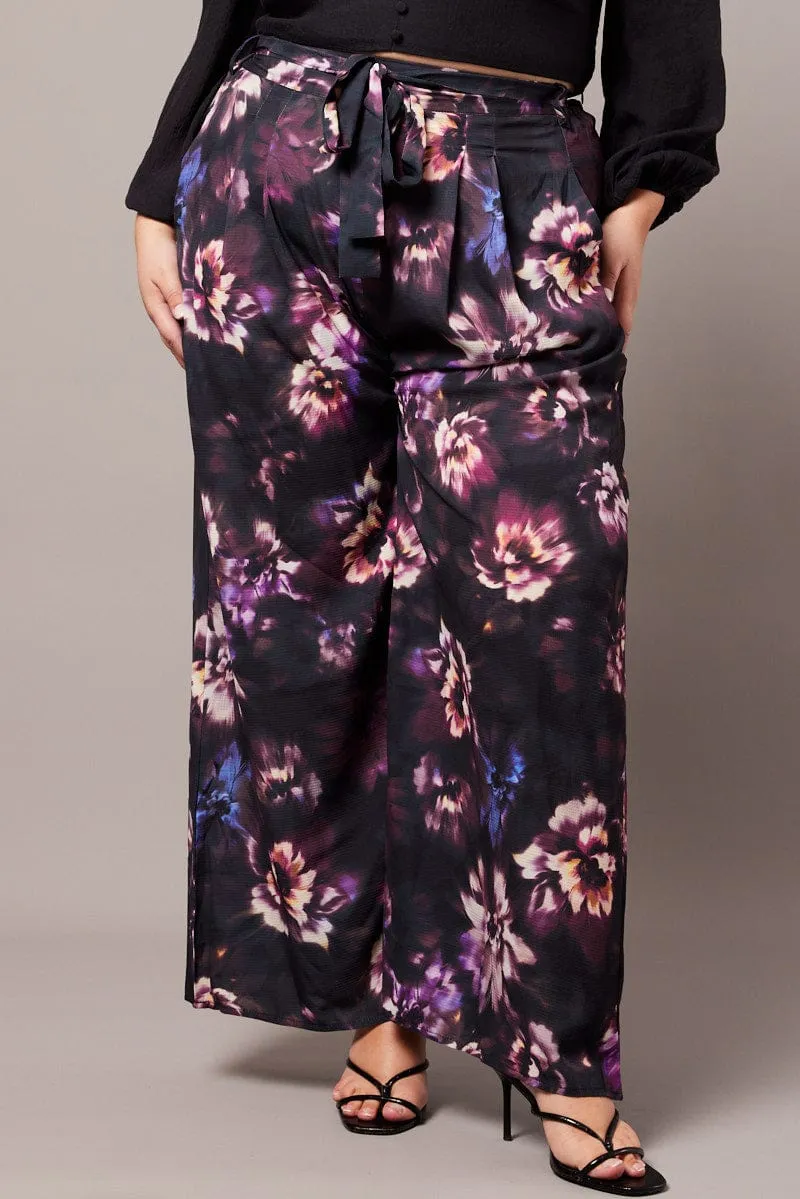Fashion Layer Black Floral Wide Leg Pants Belted