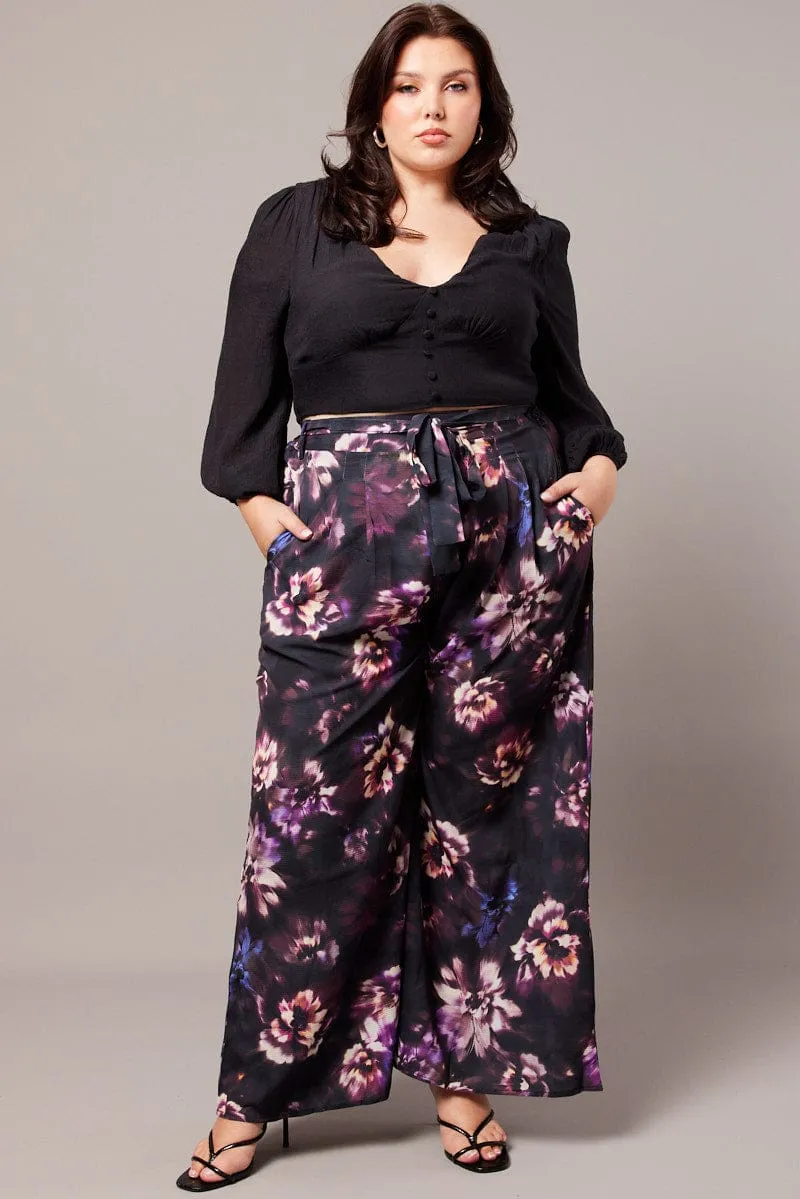 Black Floral Wide Leg Pants Belted Smart Wear Comfort Flex