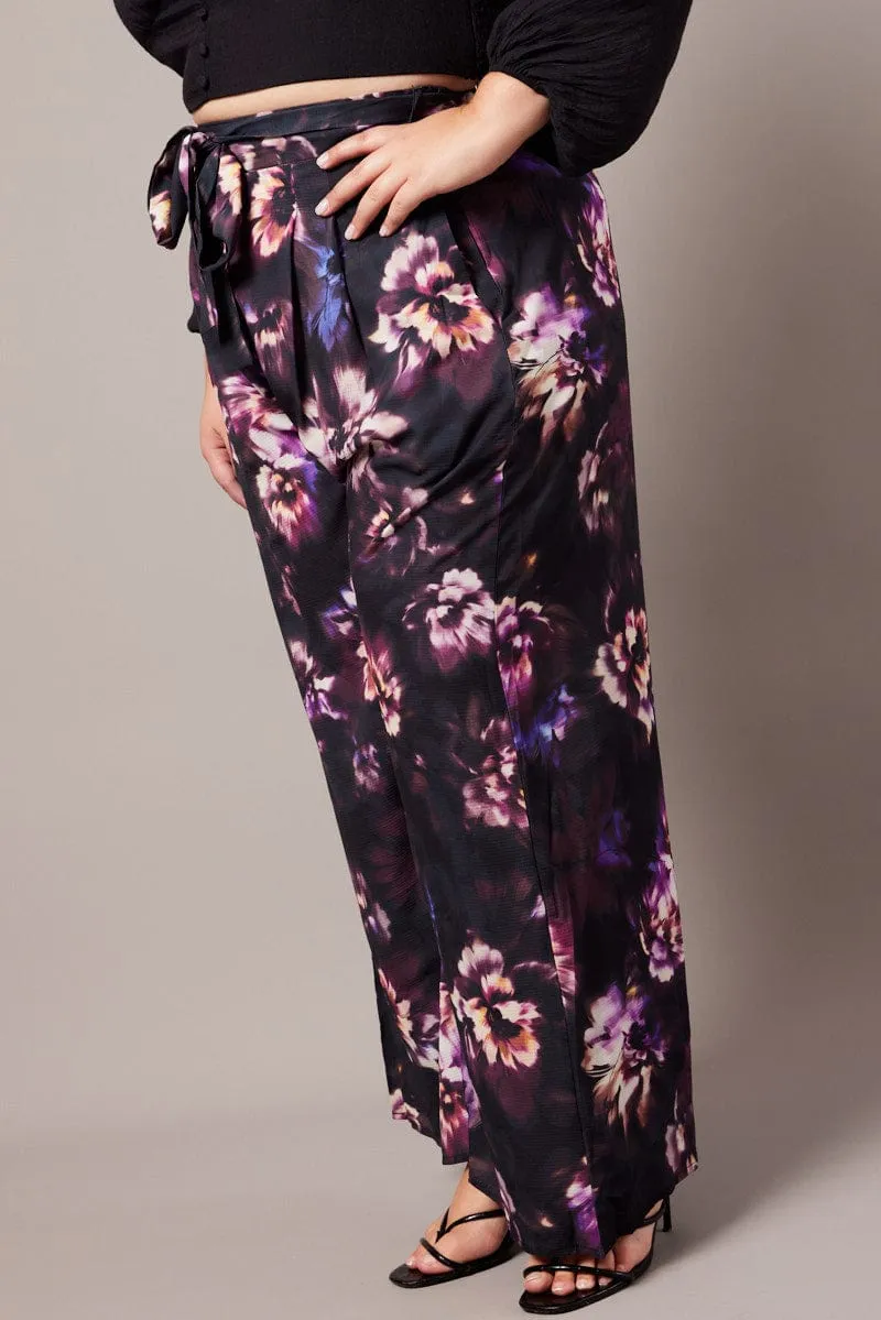 Black Floral Wide Leg Pants Belted Relaxed Comfort Fit