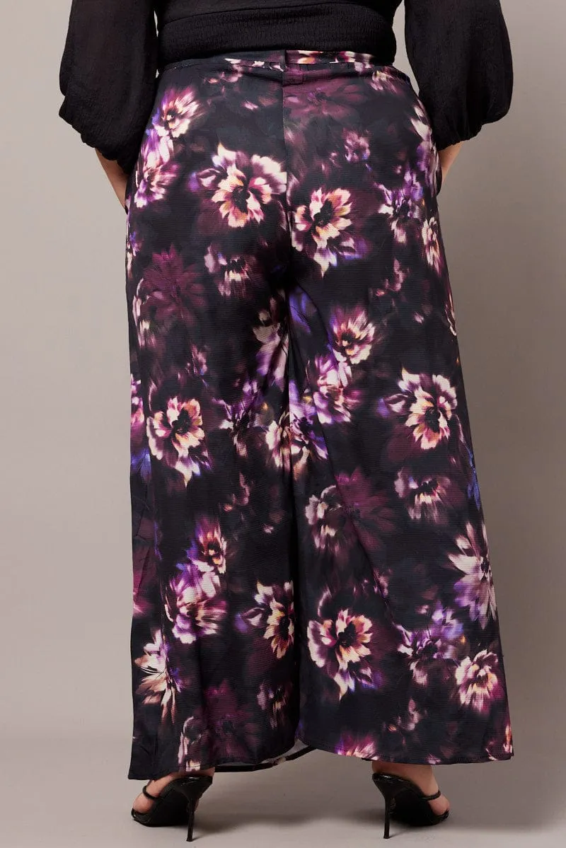 Mesh Lined Anti Pilling Finish Black Floral Wide Leg Pants Belted
