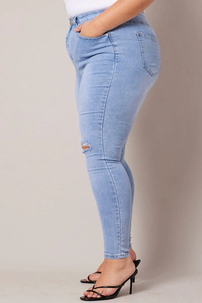 Denim Skinny Jeans High Rise Knee Slit Cool Outfit