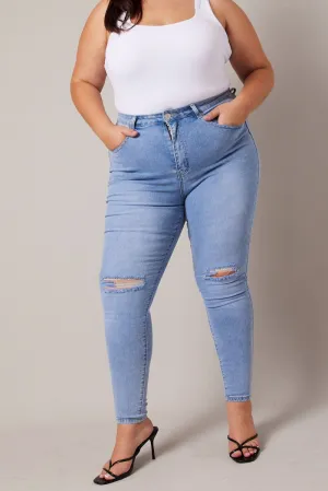 Denim Skinny Jeans High Rise Knee Slit Anti Static Material Blend