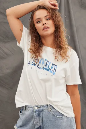 White Graphic T-shirt Los Angeles Camo Cotton Crop Light and Comfortable Cashmere combination