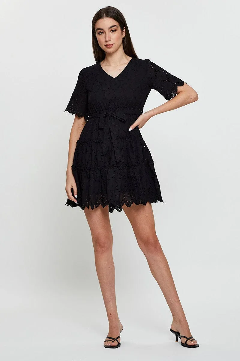 Black Mini Dress Short Sleeve Magnetic Button Closure