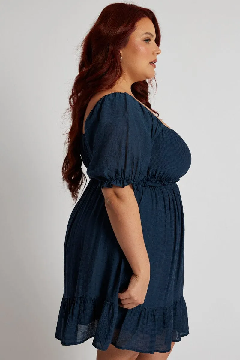 Blue Mini Dress Gather Waist Frill Hem Urban Wear