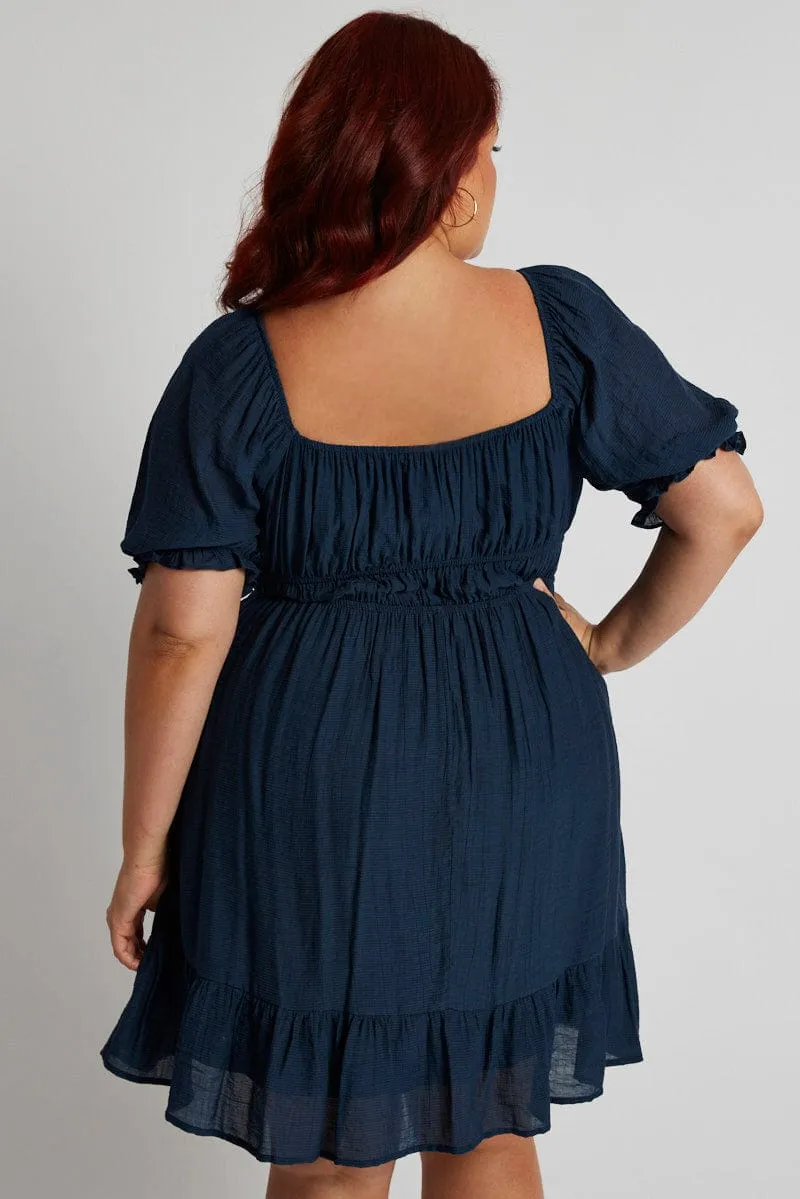 Floral Pattern Blue Mini Dress Gather Waist Frill Hem