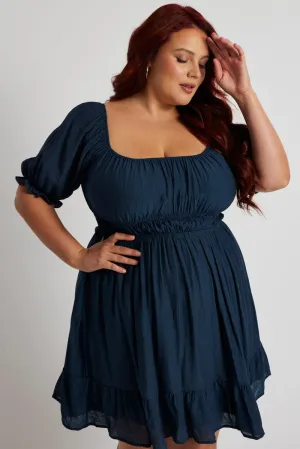 Effortless Chic Wear Bold print mini dress Blue Mini Dress Gather Waist Frill Hem