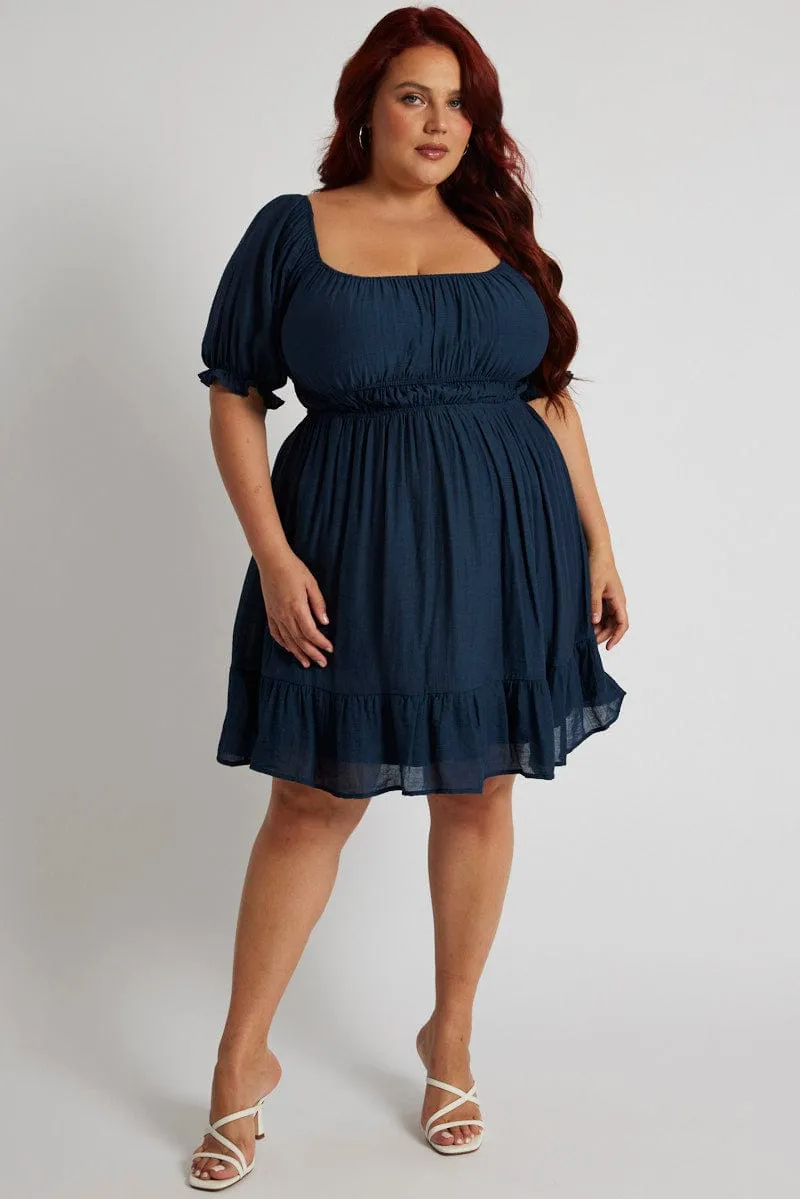 Trendy Vibe Trend Star Blue Mini Dress Gather Waist Frill Hem