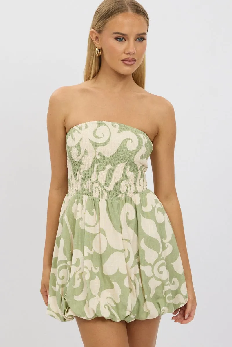 Spice Core Green Abstract Bubble Mini Dress Strapless
