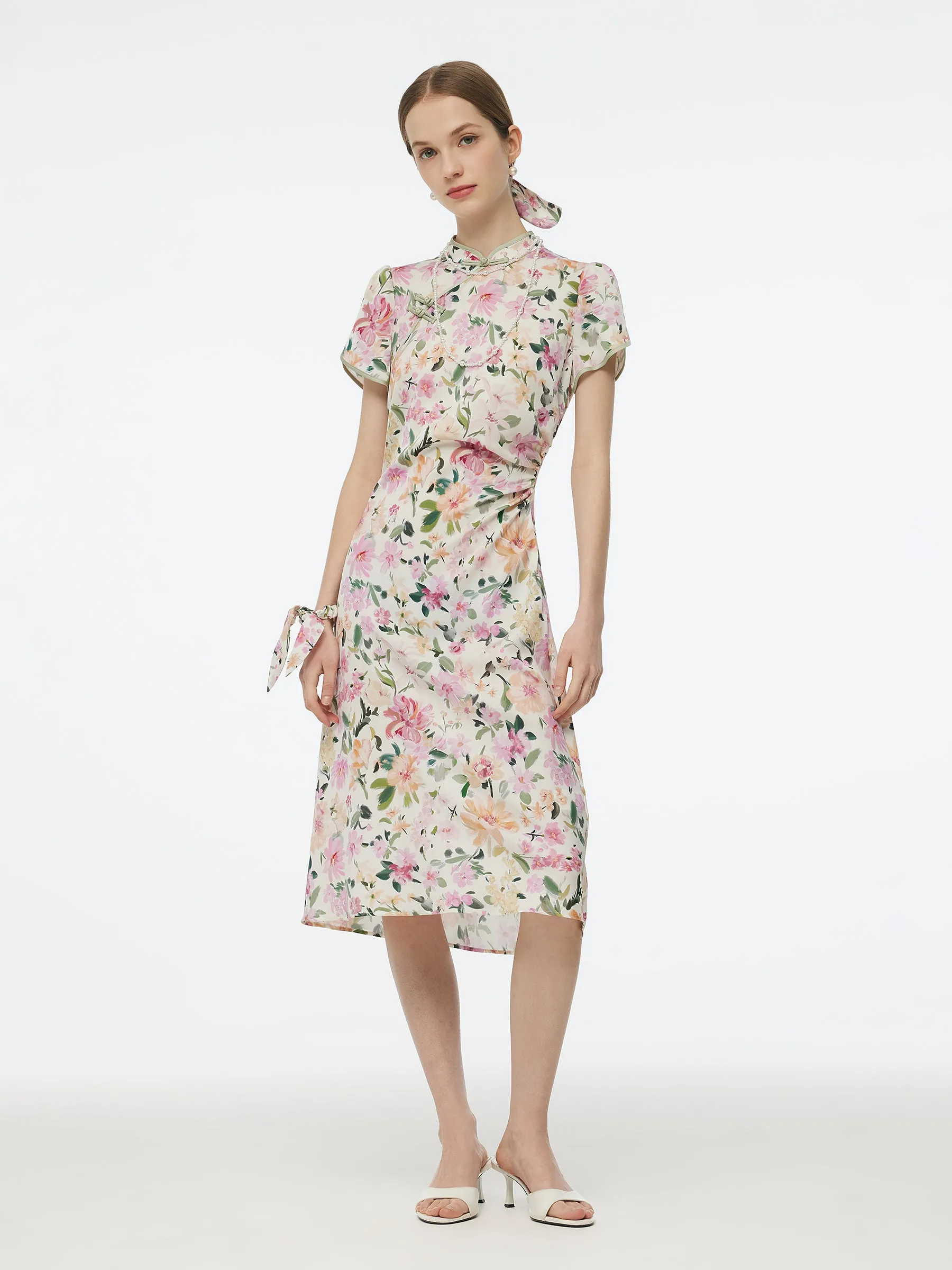 Modern Grace Relaxed Style 19MM Mulberry Silk Floral Print Side Twist Women Qipao Midi Dress