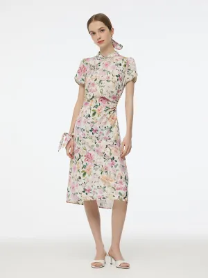 Modern Grace Relaxed Style 19MM Mulberry Silk Floral Print Side Twist Women Qipao Midi Dress