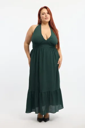 Green Midi Dress Sleeveless Halter Neck Textured Form Hugging Comfy All Day