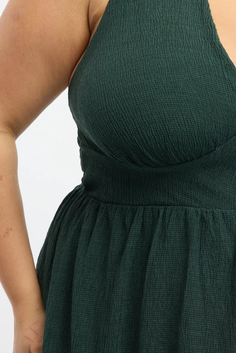 Green Midi Dress Sleeveless Halter Neck Textured Fog Lane Vibrant Comfort