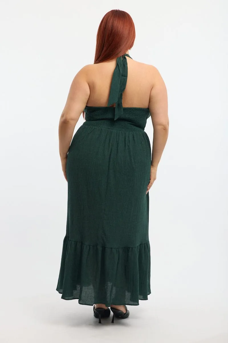 Green Midi Dress Sleeveless Halter Neck Textured Spring Tone