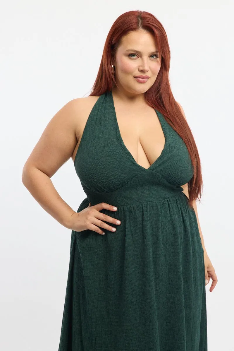 Green Midi Dress Sleeveless Halter Neck Textured Urban Ethnic
