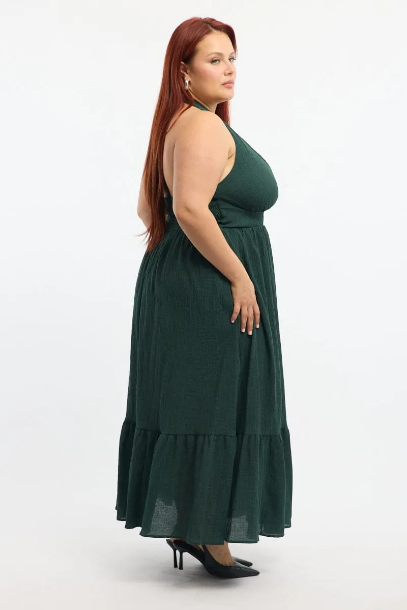 Green Midi Dress Sleeveless Halter Neck Textured Fashionable Fit Street Minimal