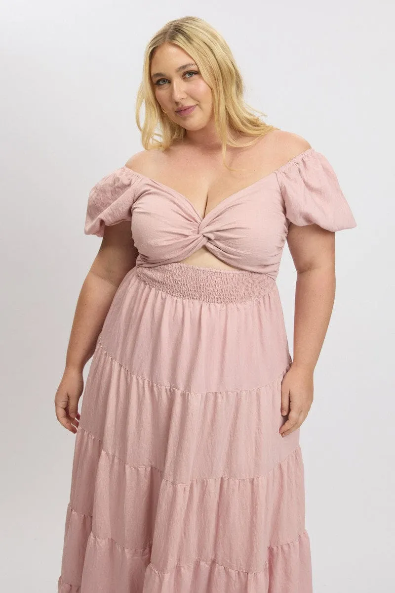 Pink Maxi Dress Short Sleeve Twist Front Comfort Fit Velvet Smooth