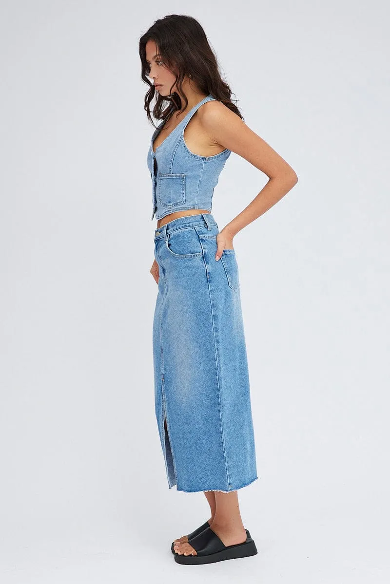 Denim Skirt Midi High Rise Tiered Layers Crochet Style