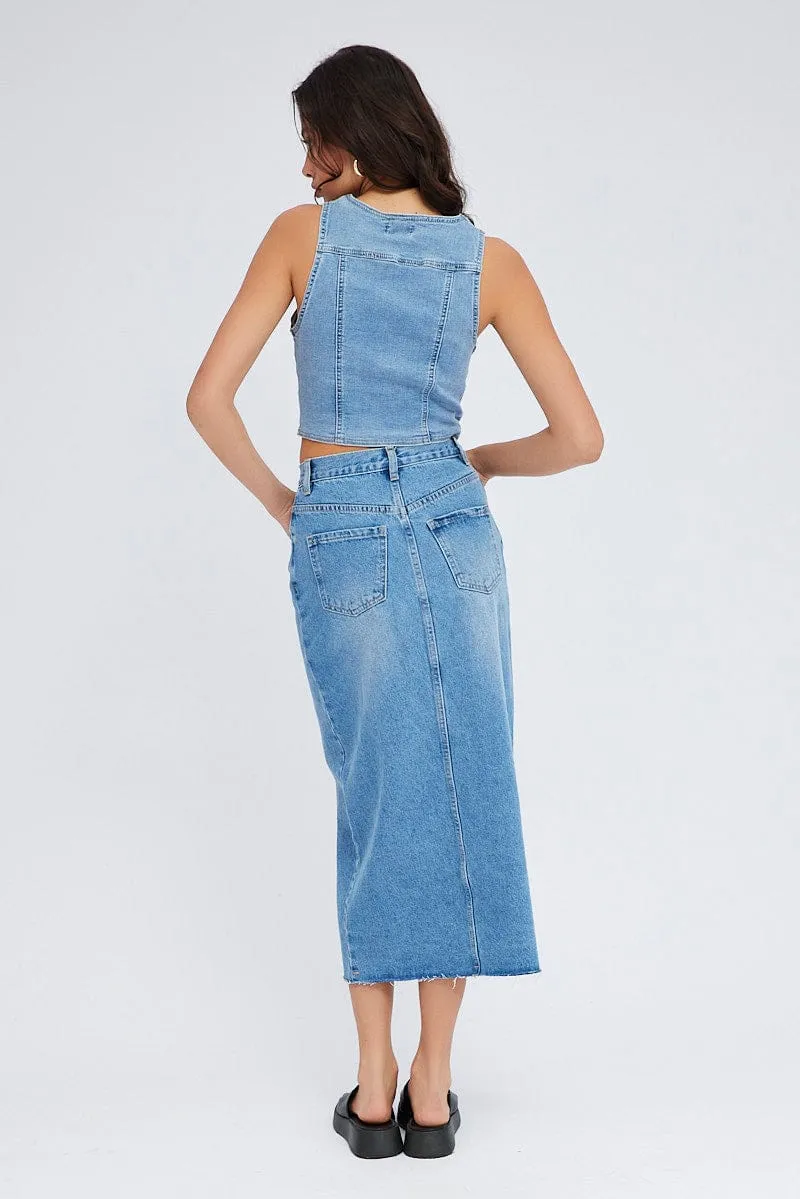 Eco Friendly Dye Denim Skirt Midi High Rise