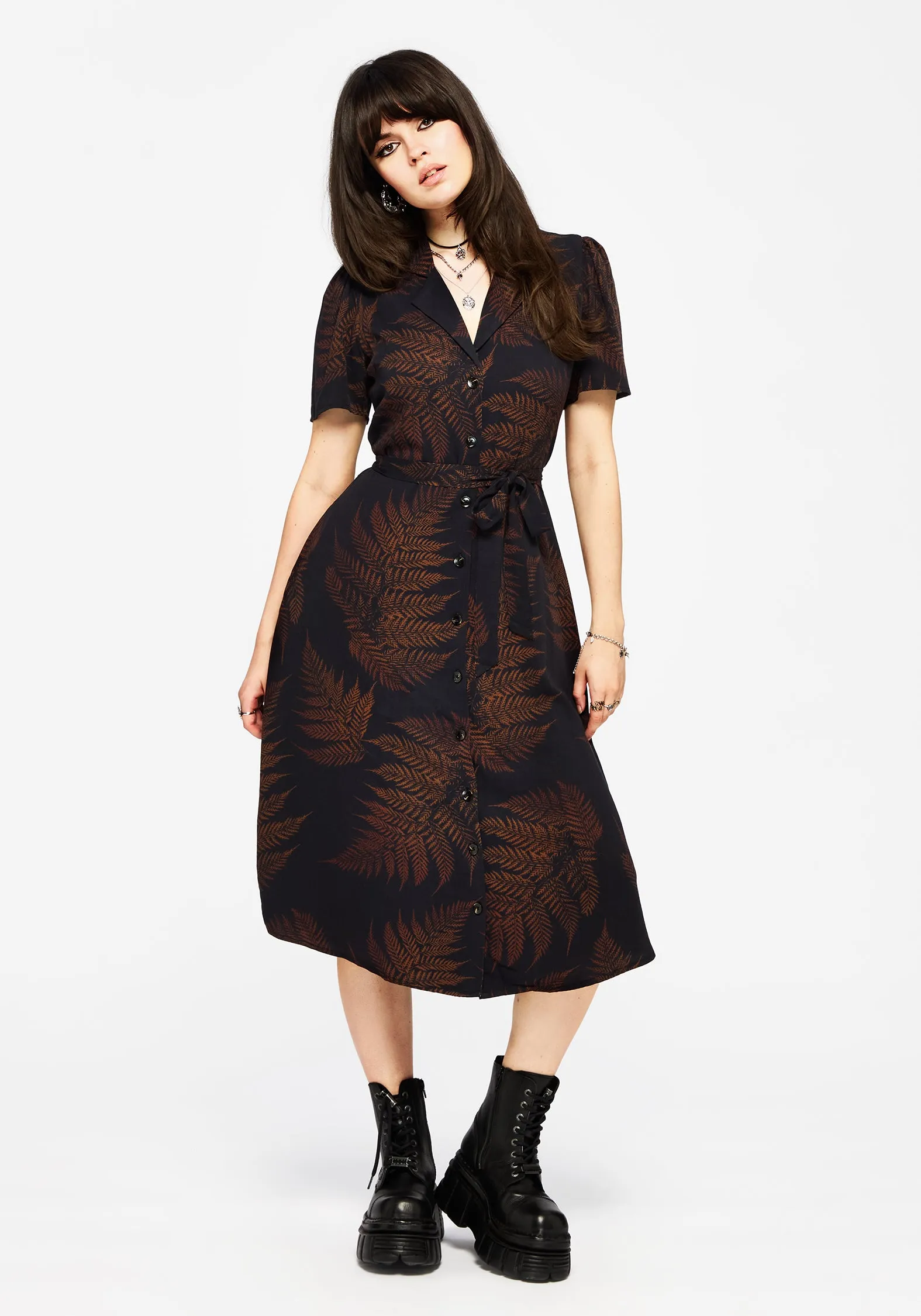 Ruin Fern Printed Midi Shirt Dress - Brown Emerald Glow