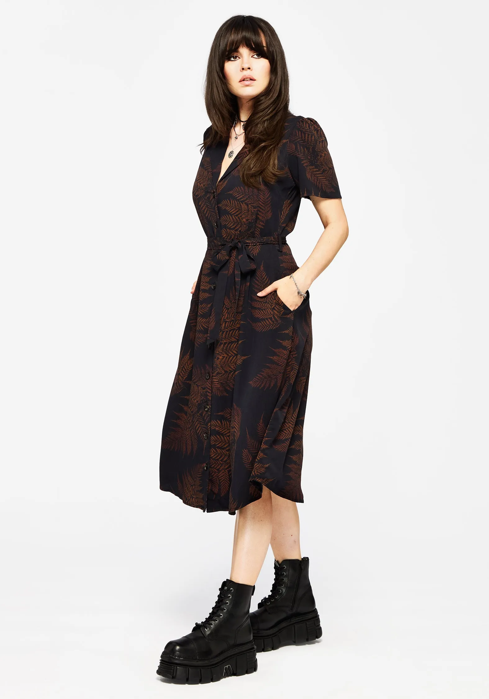 Ruin Fern Printed Midi Shirt Dress - Brown Graceful Flow Modern Wear