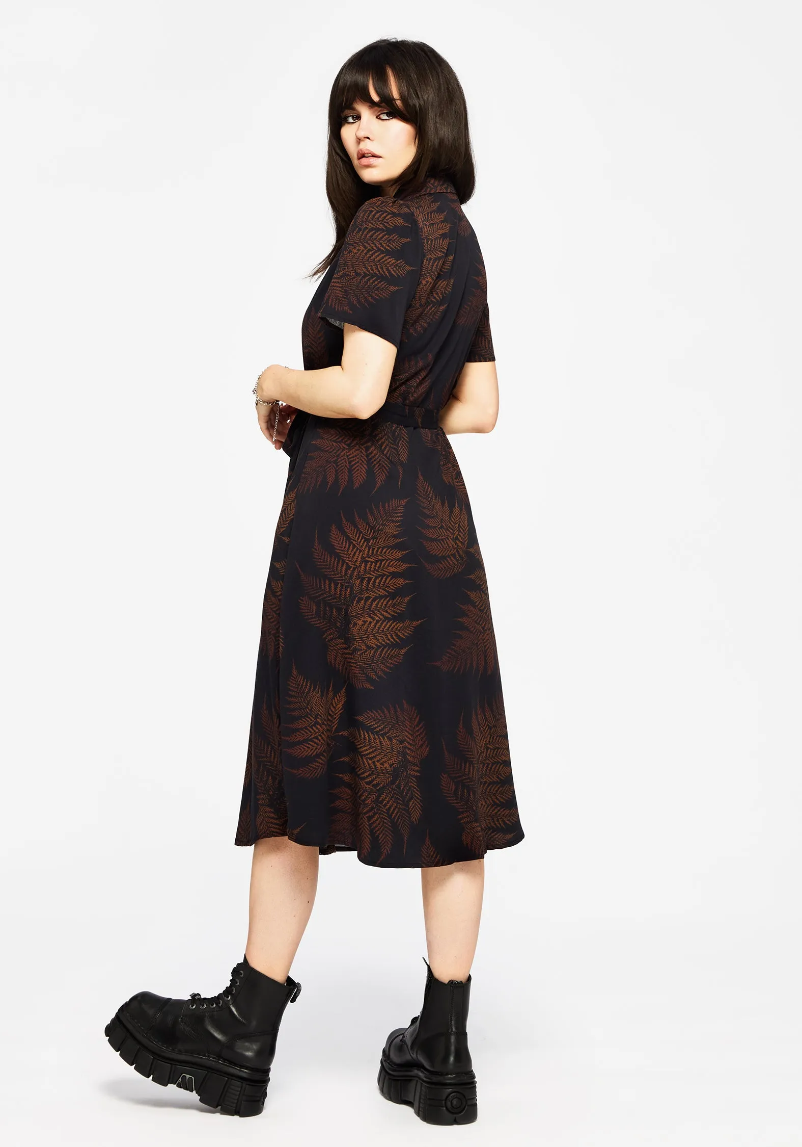 Ruin Fern Printed Midi Shirt Dress - Brown Polished Design Wool Warm