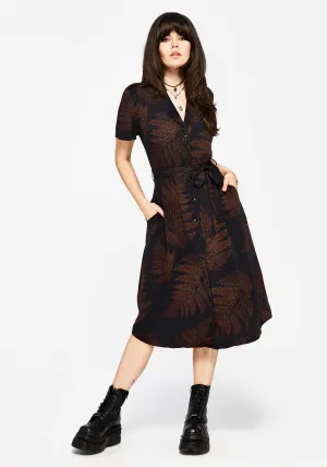 Ruin Fern Printed Midi Shirt Dress - Brown Trendy Fashion