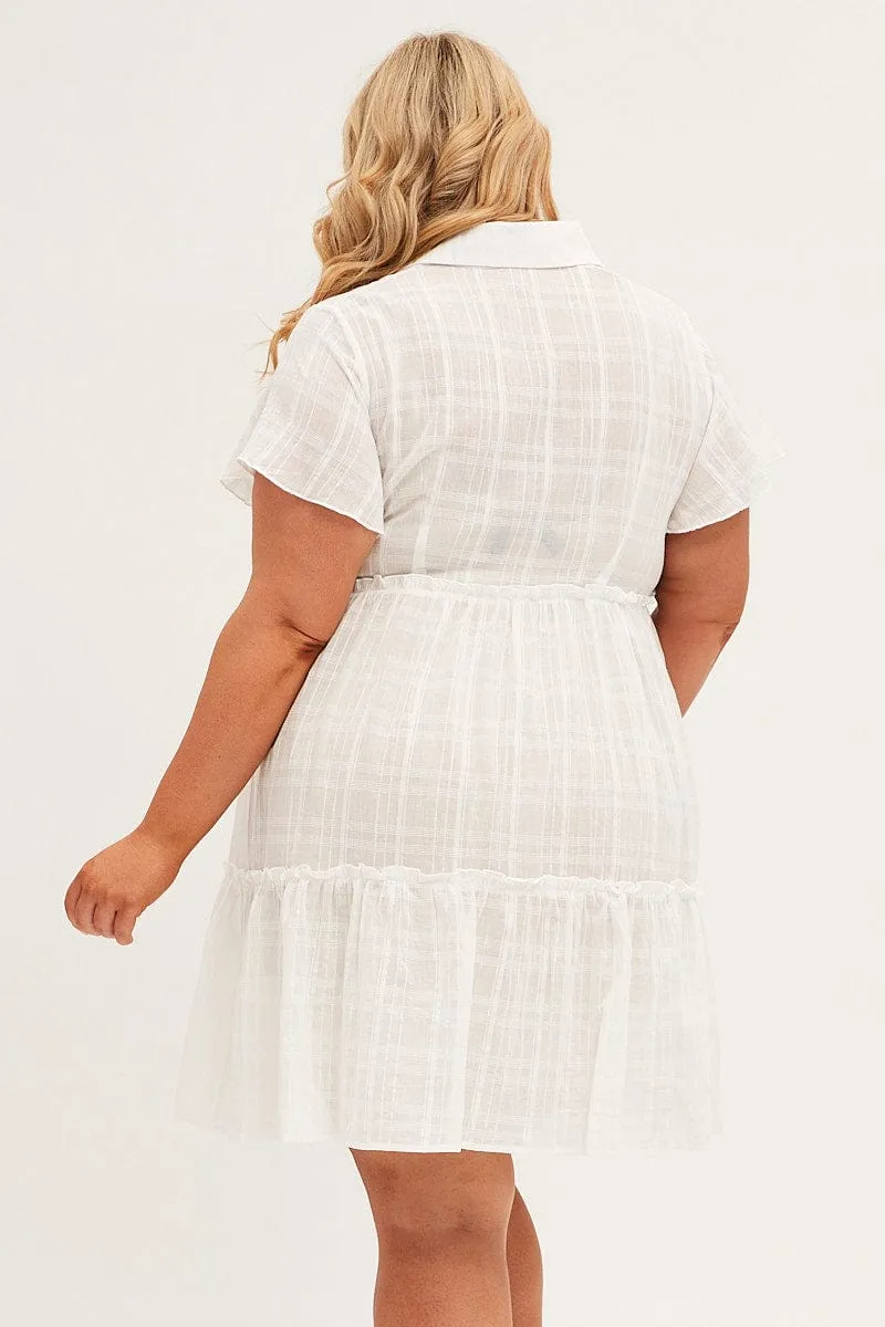 Look Hot White Mini Dress Short Sleeve Button Front Textured