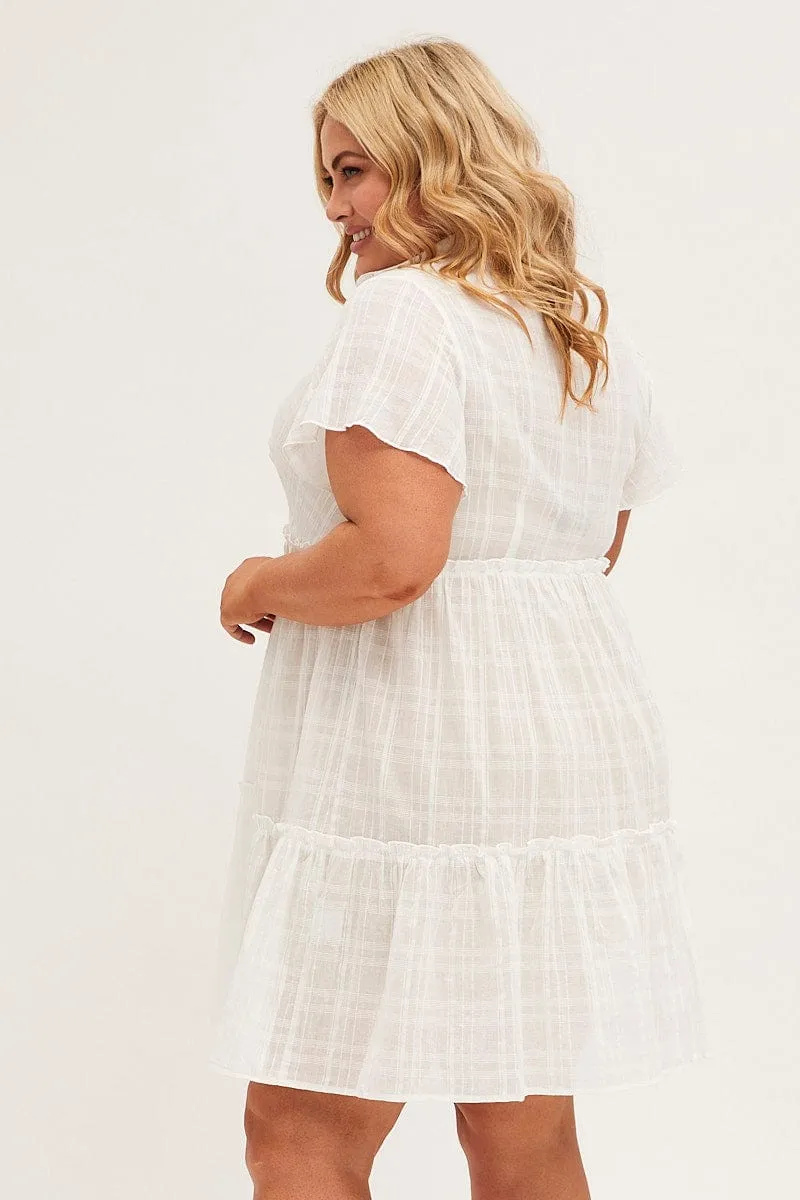 Shine Edge Effortless evening attire White Mini Dress Short Sleeve Button Front Textured