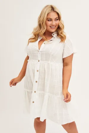 White Mini Dress Short Sleeve Button Front Textured Playful Fashion