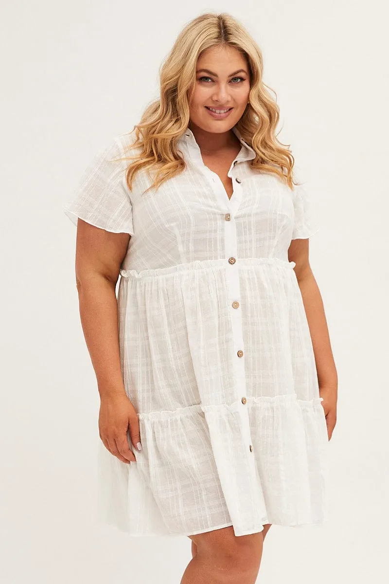 White Mini Dress Short Sleeve Button Front Textured Tagless Design