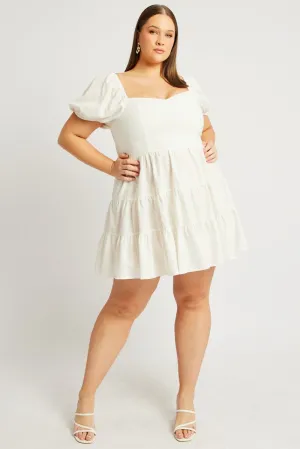 boho vibe White Puff Sleeve Mini Dress Sweetheart Neck