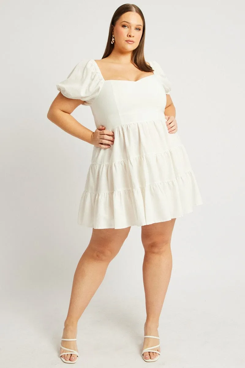 boho vibe White Puff Sleeve Mini Dress Sweetheart Neck