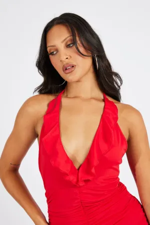 Sleek fit-and-flare style Red Halter Dress Ruffle Ruched Plunging Mini Dress