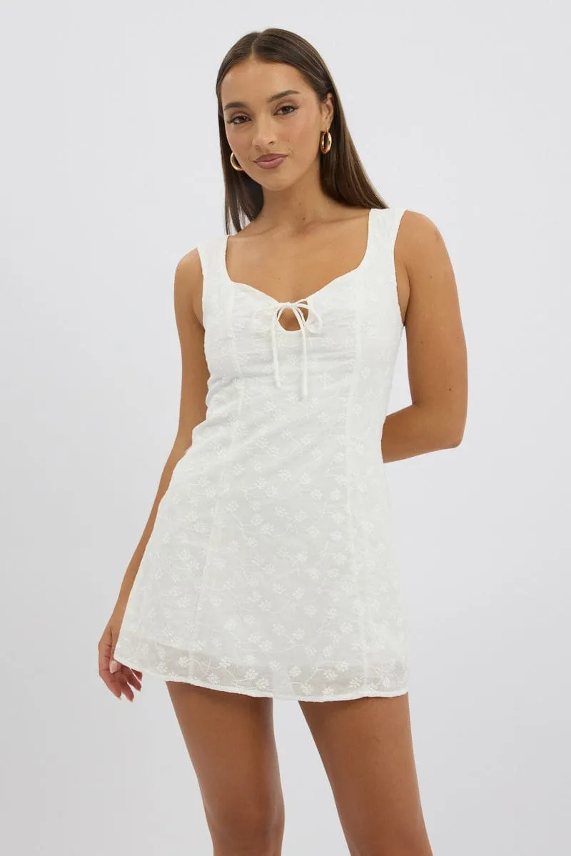 Casual Style Wear White Mini Dress Eyelet Fabric