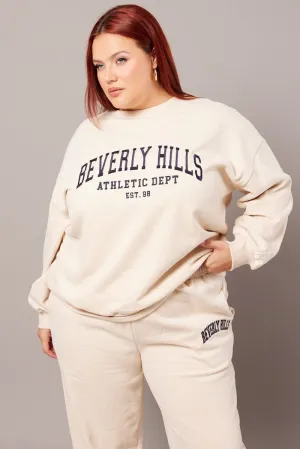 Beige Oversized Sweater Long Sleeve Crew Neck graffiti print