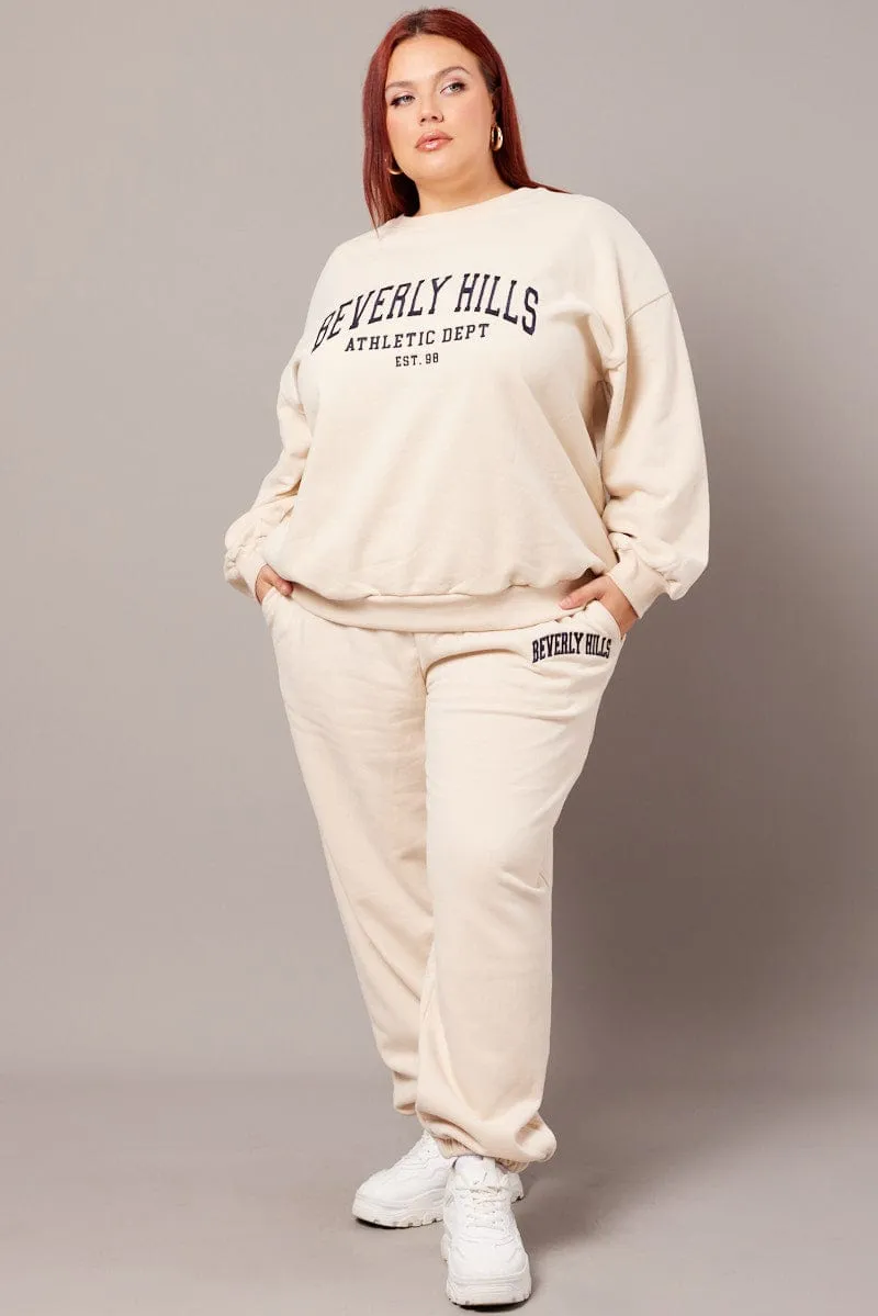 Zippered Pocket Beige Oversized Sweater Long Sleeve Crew Neck