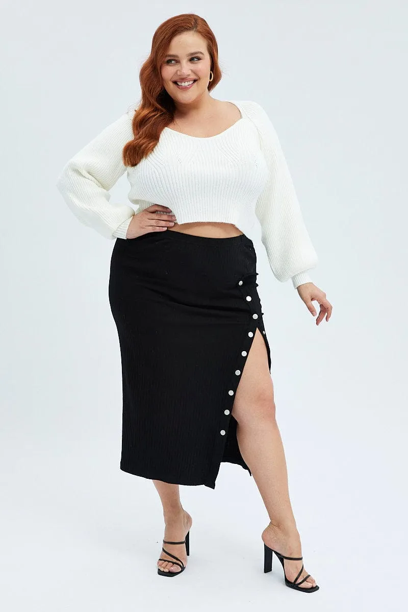 Black Midi Skirt Rib Jersey Snap Button Through Sharp Look