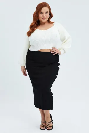 Stretch Fabric Year Round Style Black Midi Skirt Rib Jersey Snap Button Through