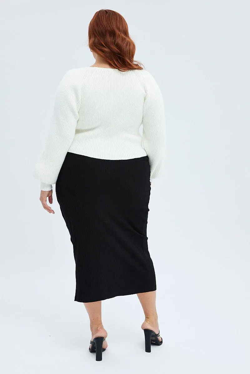 Black Midi Skirt Rib Jersey Snap Button Through Washable fabric Functional Detail