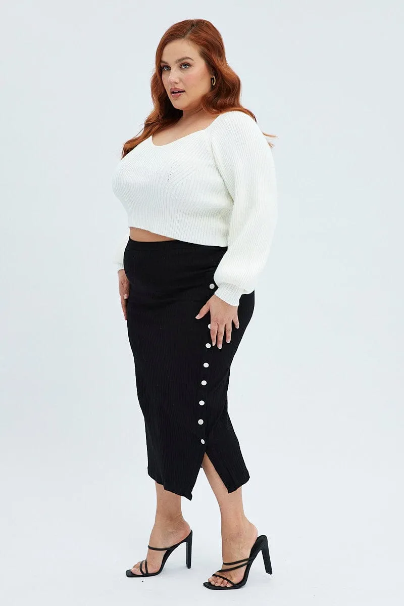 Anti Static Lining Black Midi Skirt Rib Jersey Snap Button Through
