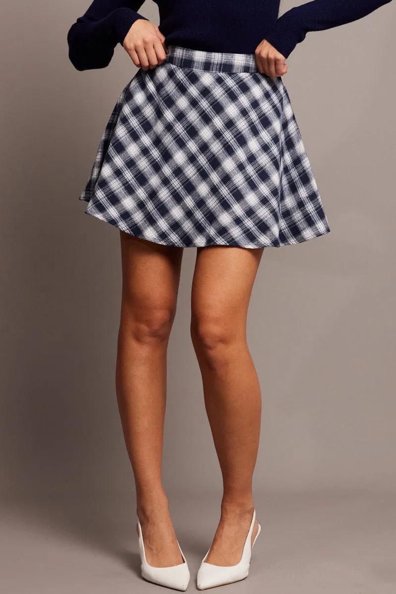 Blue Check Skater Skirt Mini Minimalist Trim High End Quality