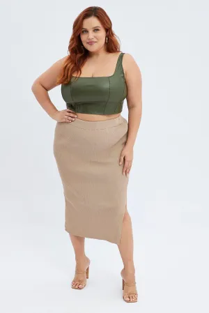 Camel Knit Skirt Midi Side Split Pocket Design Durable Stitching