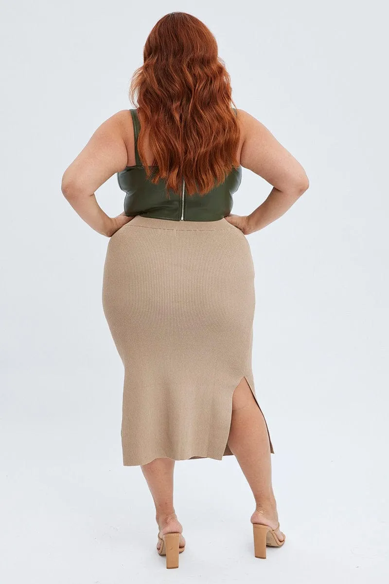 Camel Knit Skirt Midi Side Split Natural Look