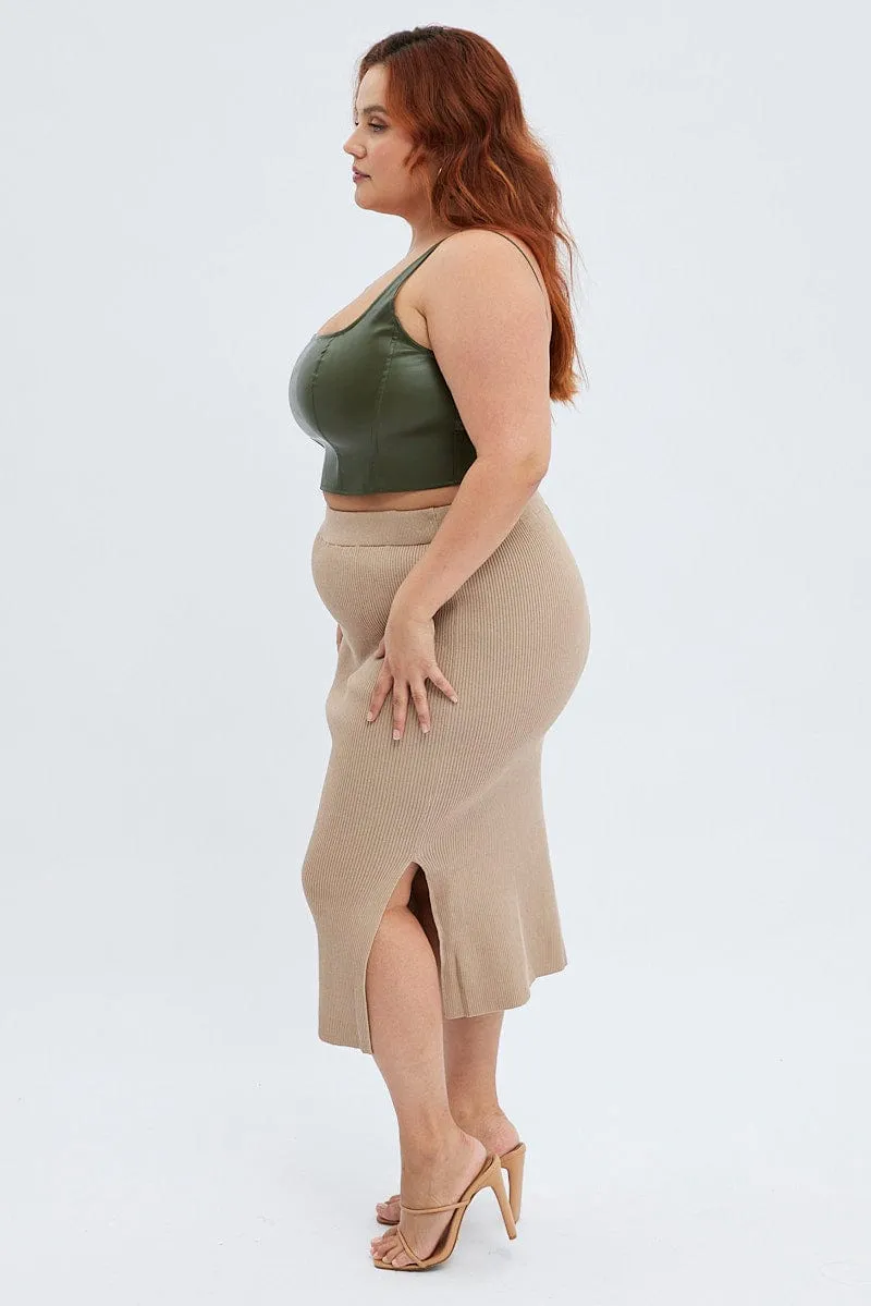 elastic waistband Travel Ready Camel Knit Skirt Midi Side Split