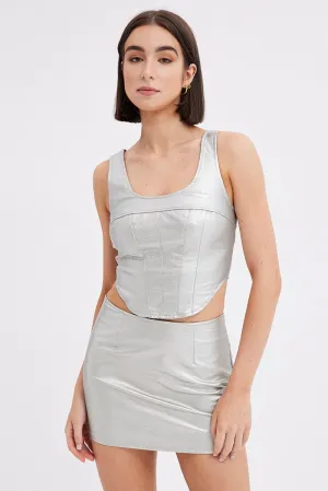 Metallic Mini Skirt Mid Rise PU Faux Leather Silver Chic Mood