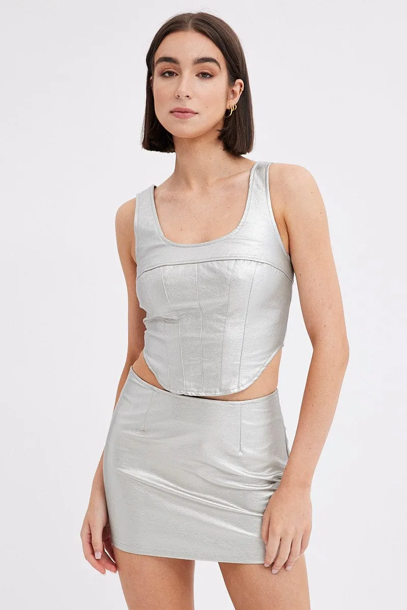 Metallic Mini Skirt Mid Rise PU Faux Leather Silver Chic Mood